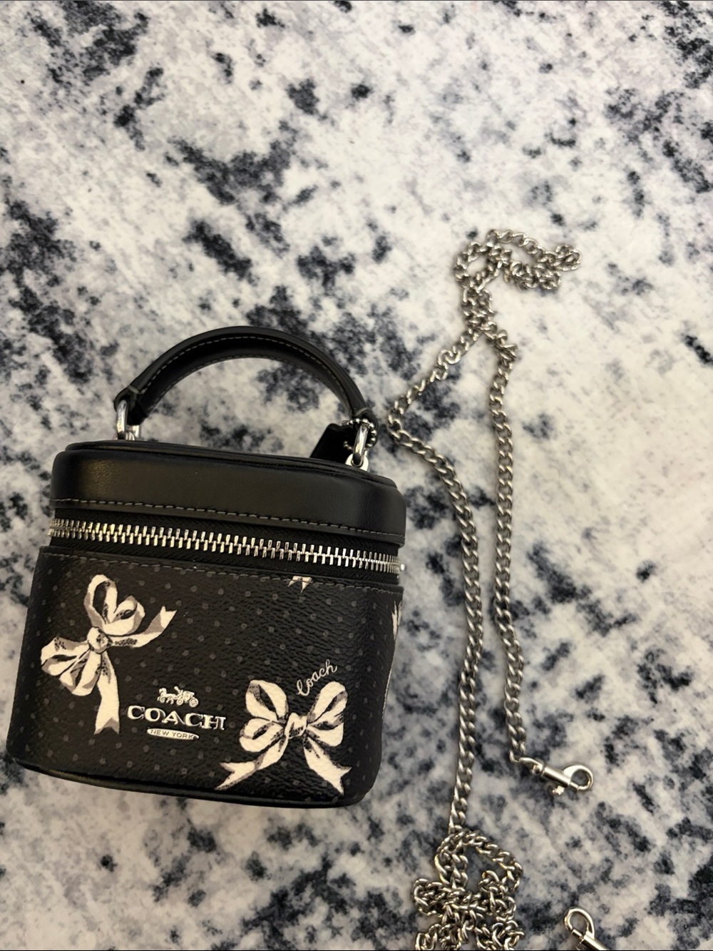 Coach Black Mini Vanity Crossbody with White Bow Print and Silver Chain